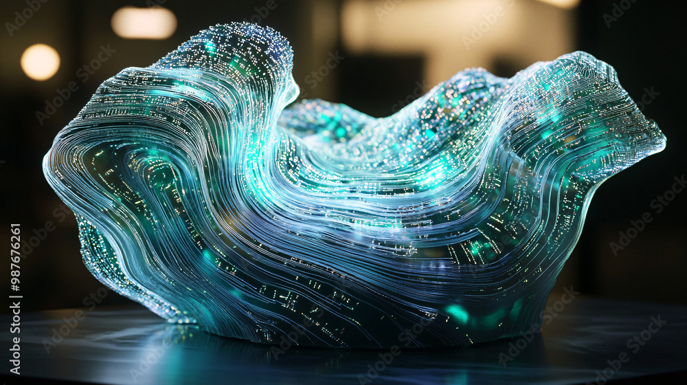 Poster a futuristic sculpture made of microchips. its surface animated by swirling. glowing circuits.