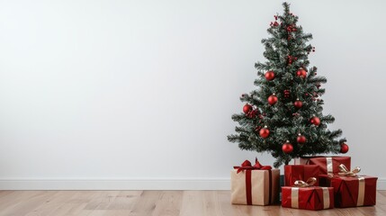 Christmas Tree with Red and Gold Gifts on White