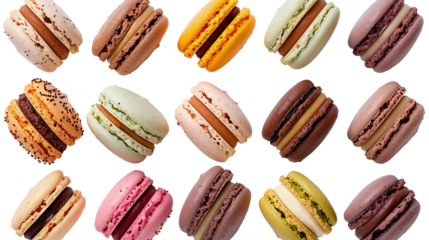 Delicious macarons sweet dessert isolated transparent background, different types of macarons. PNG