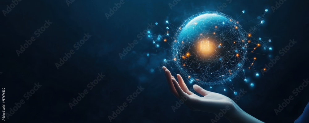 Poster hand holding a glowing digital globe with networks and connections representing global communication