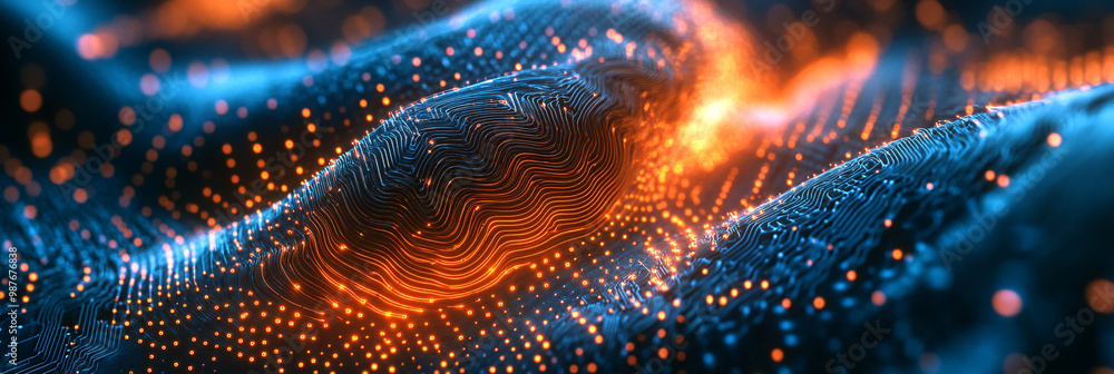 Poster a futuristic sculpture made of microchips. its surface animated by swirling. glowing circuits.