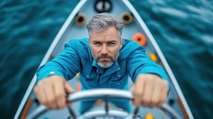 Fototapeta premium Man Steering a Boat Sailing Blue Water Sea Ocean Captain