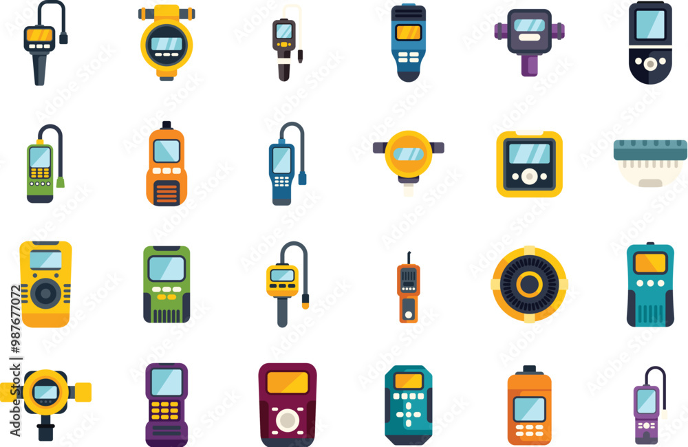 Poster set of different sensor icons in flat style showing various colorful measuring equipment