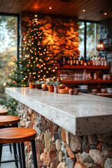 Comptoir vide en b&eacute;ton dans un restaurant avec un sapin de No&euml;l en arri&egrave;re-plan