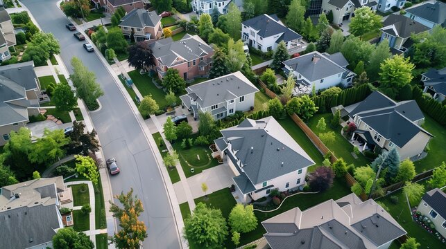 An aerial view of a quiet suburban neighborhood with houses and lush green trees. The streets are empty, creating a sense of peace and tranquility.
