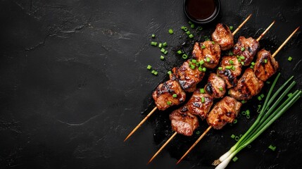 Grilled Pork Skewers with Green Onions and Teriyaki Sauce