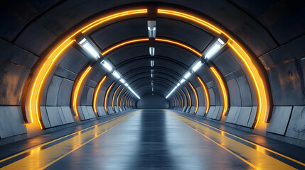 Fototapeta premium Futuristic Tunnel with Yellow Neon Lights 3D Illustration