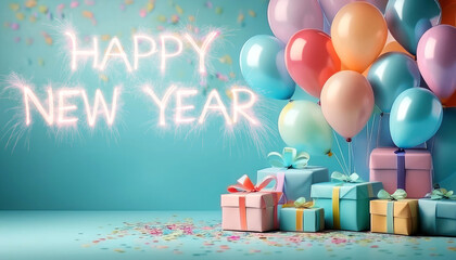 Colorful birthday gifts and balloons lay on a pastel background. Happy new year Celebration themed background