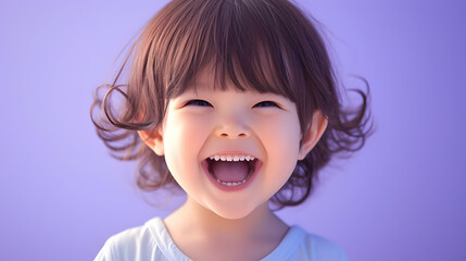 Little Girl Smiles with Copy Space on Purple Background