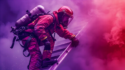 Naklejka premium Firefighter Ascends Ladder Through Smoke, Copy Space for Heroism