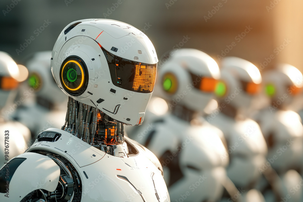 Poster explore a futuristic scene featuring a detailed ai robot workforce in selective focus. ideal for tec