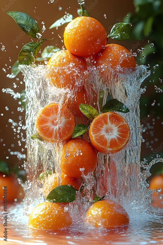 Poster a refreshing display of oranges with water cascading over them, creating a vibrant and juicy scene.