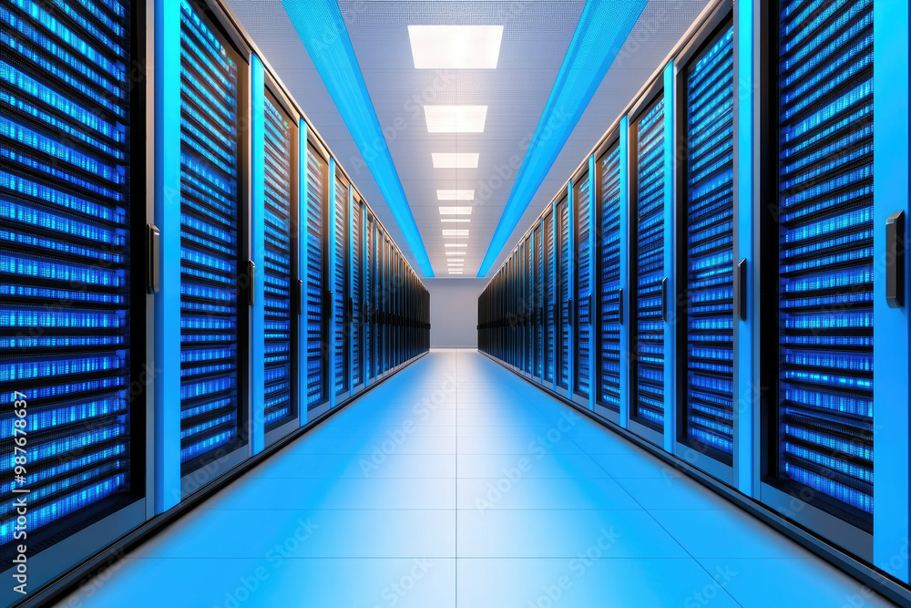 Poster explore a detailed 3d illustration of a data center aisle featuring blue illuminated server racks, p