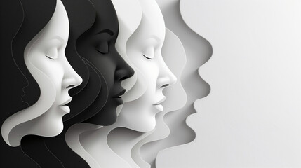 White and black paper cutouts of female faces in a minimalistic design featuring simple shapes and elegant curves. Set against an abstract background with balanced composition and a neutral color pale