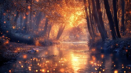 A magical river flowing through a forest of glowing trees, with soft light reflecting off the water and illuminating the path ahead.