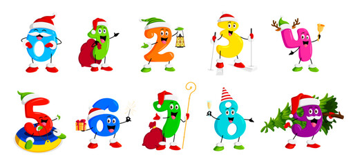 Cartoon math numbers, Christmas and New Year characters for winter holiday, vector personages. Kids funny mathematics numbers in Santa hat with gifts and Christmas tree, cute numerals and digits