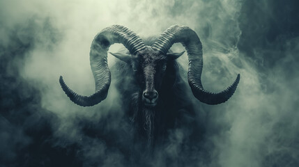 Fototapeta premium Fearsome ram with massive curled horns emerges from thick, swirling fog, creating a haunting and mythical atmosphere.
