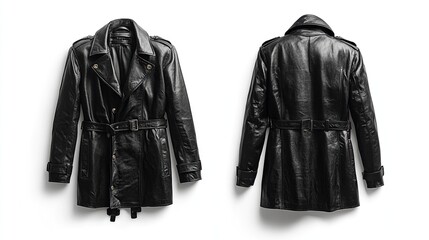 Black Leather Trench Coat with Belt, Front and Back View Isolated On White Background. Mock-up Design Template. 3d Illustration. Generate Ai Image