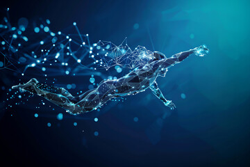 Abstract conceptual depiction of a male athlete swimmer emerging from interconnected lines and dots capturing the swimming diving motion activity of the sport, stock illustration image