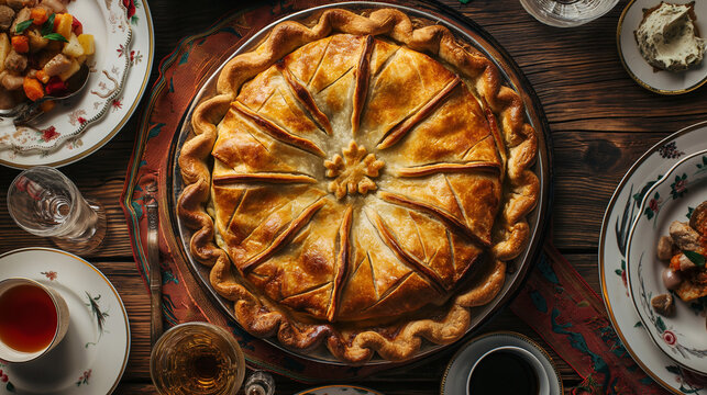 Tatar balish (meat and potato pie) with a golden crust, Festive table setting with traditional decor, Detailed textures of the pie and filling, Celebratory Tatar meal