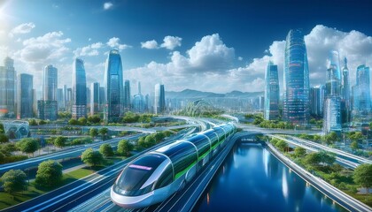 Fototapeta premium Futuristic City with High-Speed Train and Skyscrapers