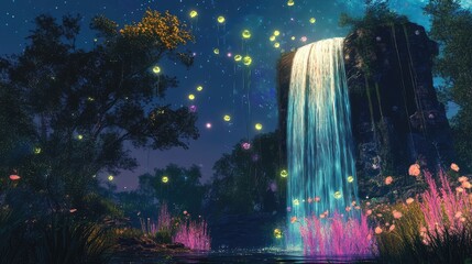 Obraz premium A magical waterfall that flows upwards into the sky, defying gravity, with strange glowing plants growing around its base.