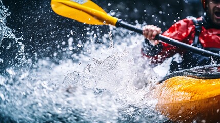Naklejka premium A kayaker paddles through a rushing river, creating a spray of water as they navigate the rapids.