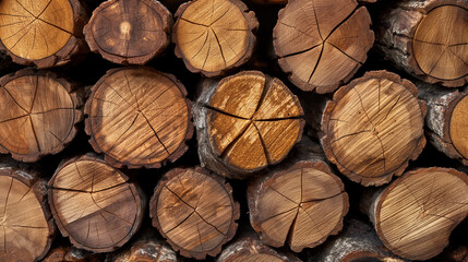 Fototapeta premium Stacked logs with visible tree rings, displaying textures of cut wood in warm brown tones, evoking a sense of nature and craftsmanship.