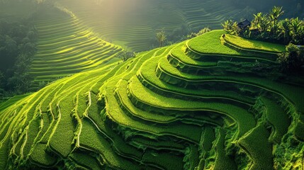 Lush Green Rice Terraces in Sunlight