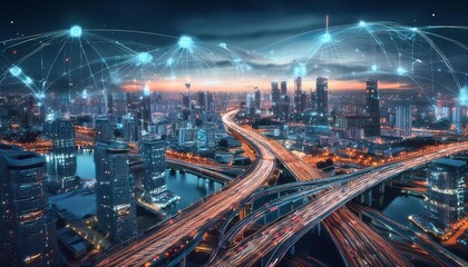 Obraz premium Futuristic Smart City Skyline with Glowing Connectivity Network