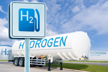 Road sign with symbol of Hydrogen filling station