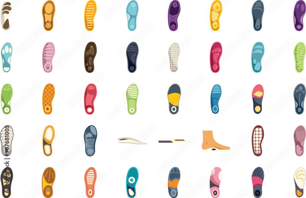 Poster set of colorful orthopedic insoles offering various levels of arch support and cushioning for comfor