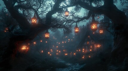 Neon fireflies illuminate dark swamp for captivating wallpaper design