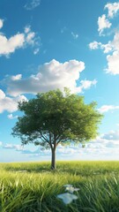 Fototapeta premium A single tree stands tall in a field of green grass under a bright blue sky with fluffy clouds.