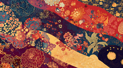 The silk road pattern a blend of patterns from various cultures along the historic silk road, featuring intricate and exotic designs.,. Silk Road. Illustration