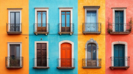 Obraz premium Brightly colored buildings with balconies and windows with plants