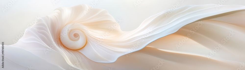 Poster a white shell with a spiral shape is the main focus of the image