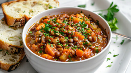 A horizontal and detailed shot of a rich lentil and vegetable stew with a side of warm garlic bread. The white ceramic background and bright lighting provide a fresh and clean look. 