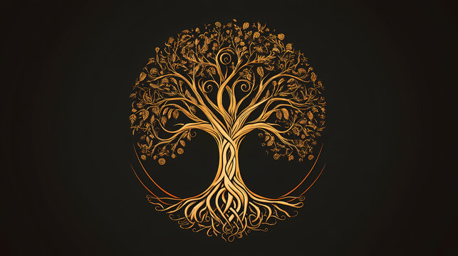 Tree and roots vector, tree with round shape. Celtic Mythology. Illustration