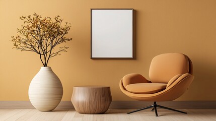 Minimalist Living Room Interior with Brown Armchair and Wooden Elements.