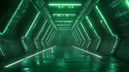 Naklejka premium Futuristic Green Neon Lights Corridor 3D Illustration