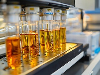 A close-up of oil being tested for quality in a state-of-the-art lab, with digital readouts showing the chemical composition and purity, emphasizing the precision required in oil analysis