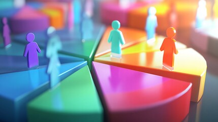 Analyzing Market Segmentation with Pie Charts and Demographic Icons in 3D Illustration