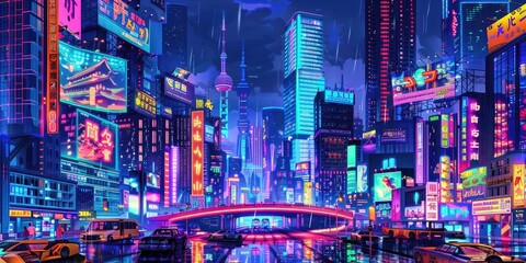 Obraz premium A vibrant, futuristic cityscape illuminated by neon lights and reflections on water.