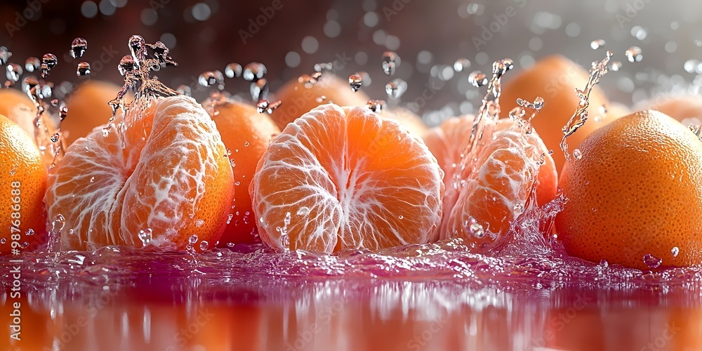 Poster close-up of juicy oranges splashing in water, creating a refreshing and vibrant scene.