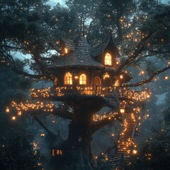 Whimsical treehouse in heavy rain with glowing lights, magical forest scene