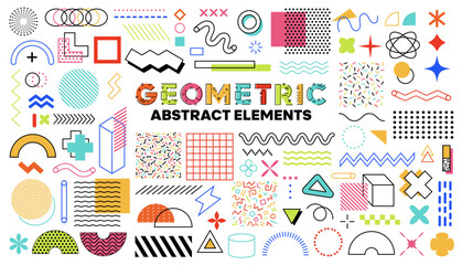 Geometric Memphis shapes and elements of simple line pattern, abstract vector background. Modern or retro Memphis minimal geometric figures and isometric elements or halftone dots and lines pattern