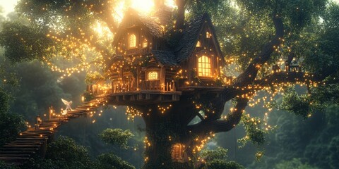 Whimsical treehouse in heavy rain with glowing lights, magical forest scene