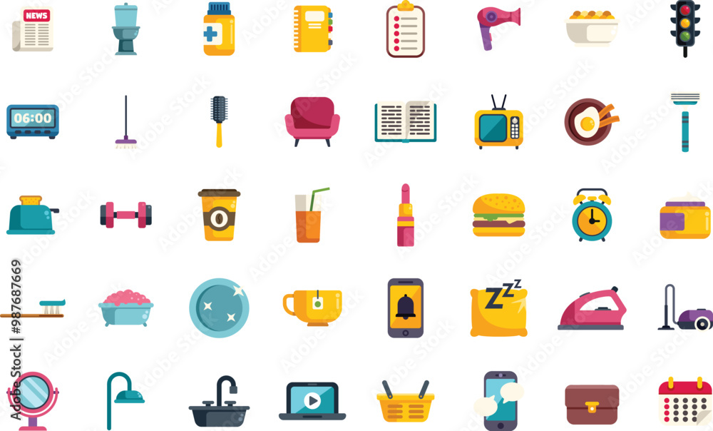 Poster this set of colorful icons is showing daily activities and objects used in everyday routine