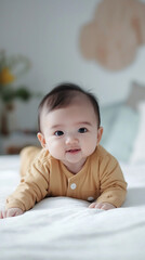 Fototapeta premium Adorable Baby in Beige Pajamas Lying on Bed - Peaceful and Charming Moment